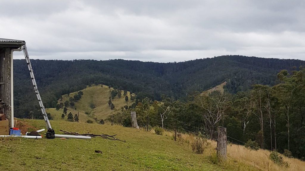 A mountainside home with rolling grass hill in the foreground, forested ridge in the background.