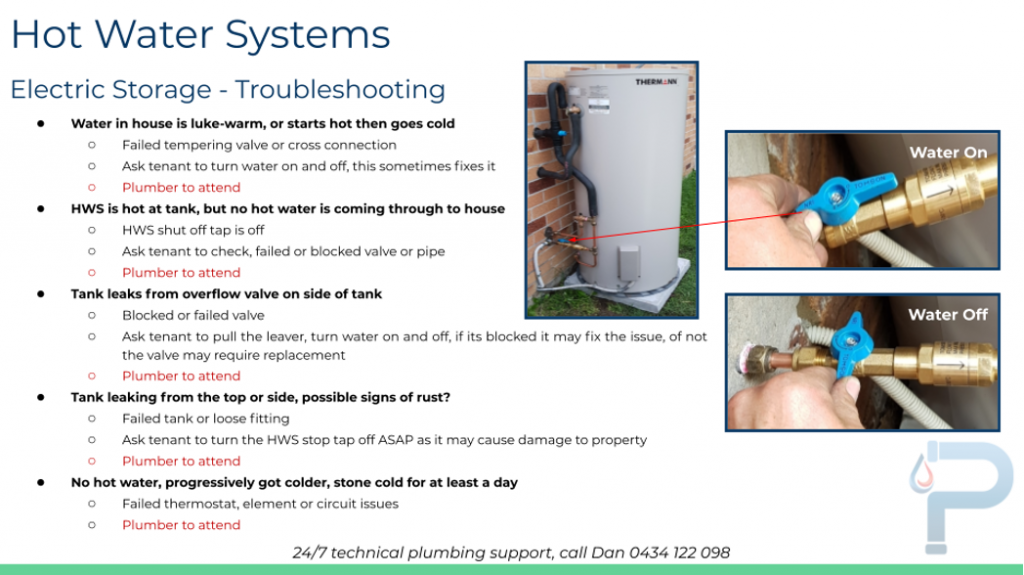 A series of steps for troubleshooting electric hot water systems.